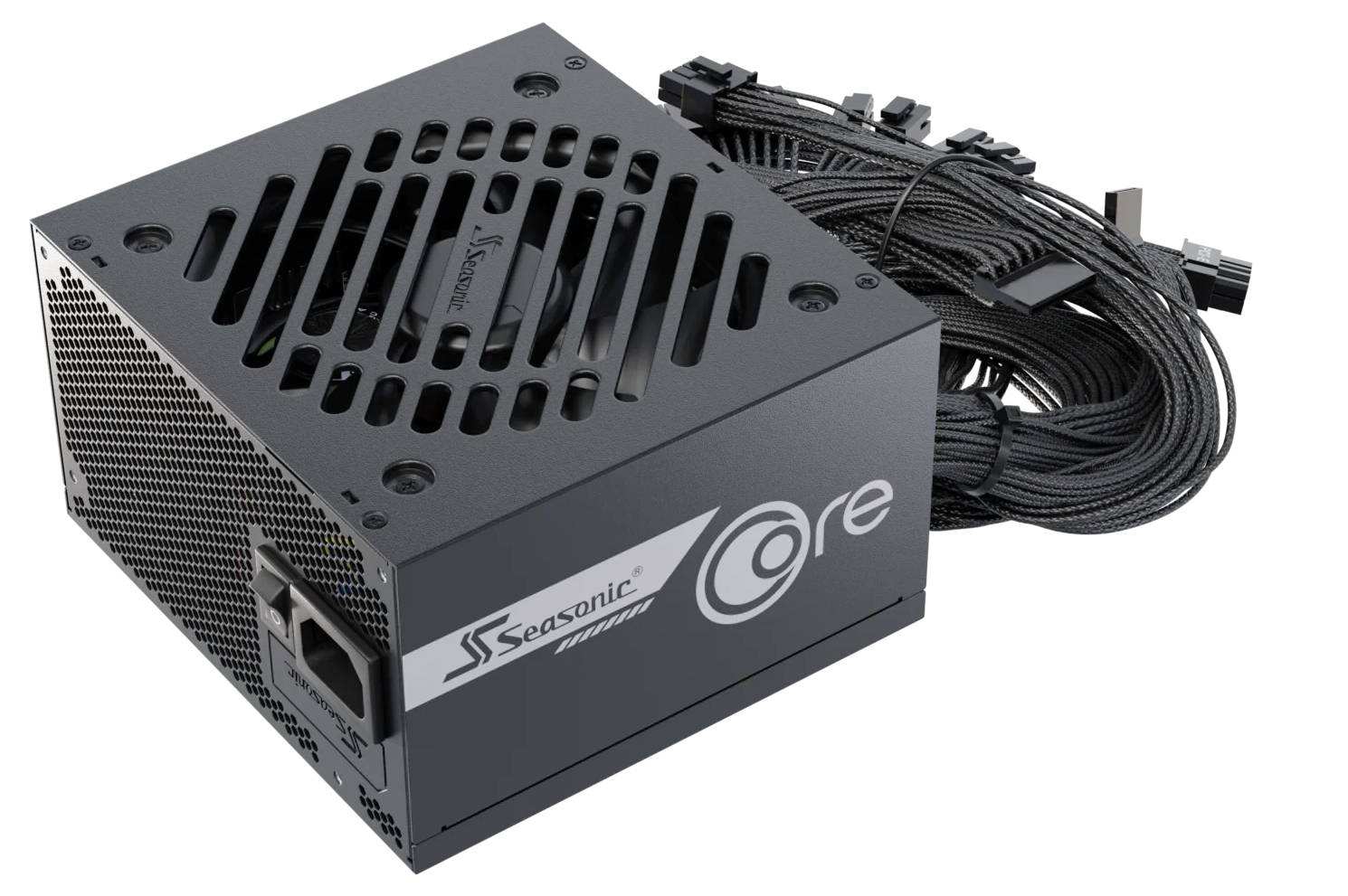 Seasonic Netzteil der 'Core'-Reihe, mit modularen Anschlüssen und Kabeln, geeignet für den Aufbau von Computerhardware.