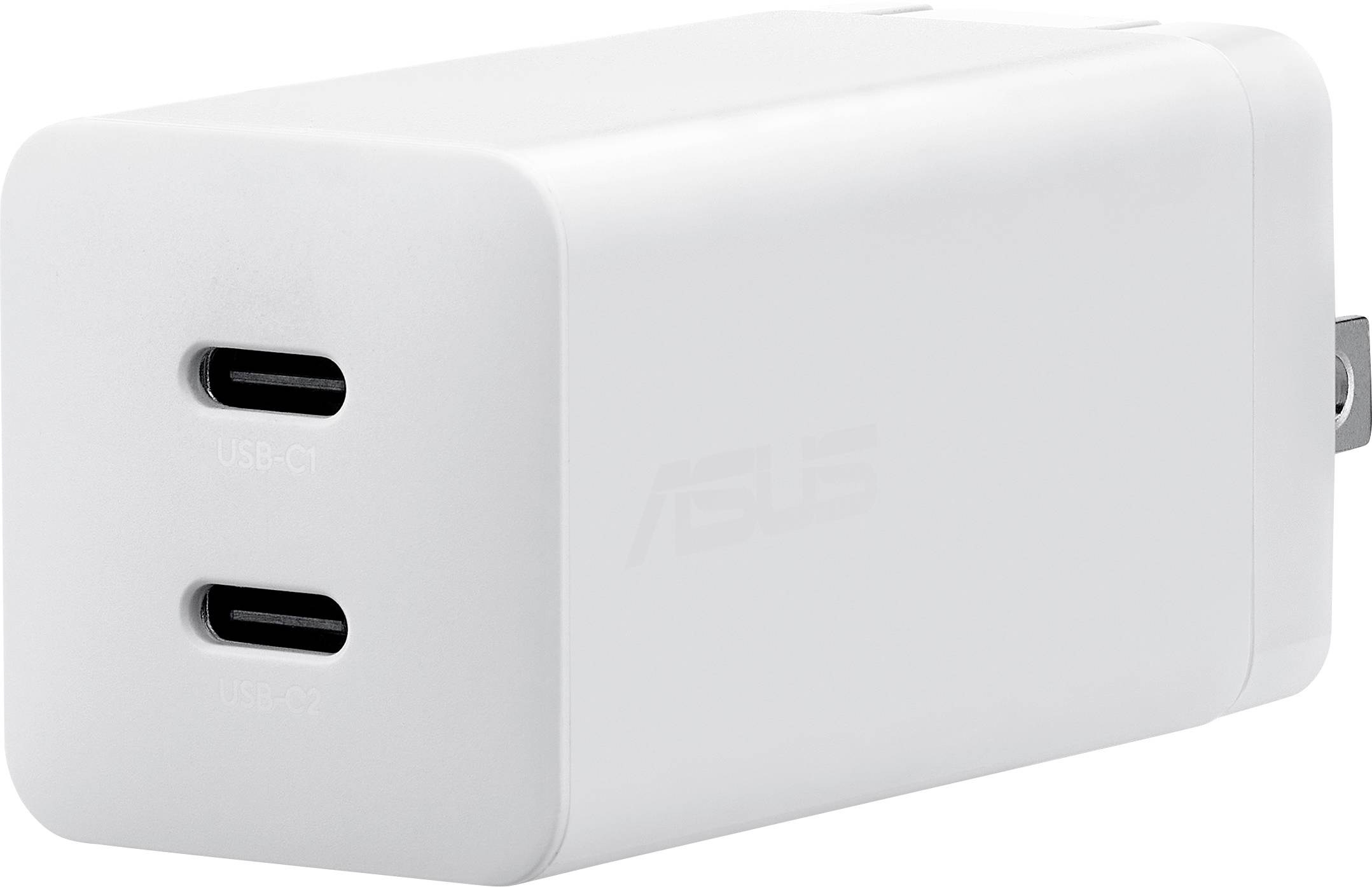Ein weißer USB-C-Wandladegerät mit zwei Anschlüssen, die auf seiner Oberfläche mit „USB-C1