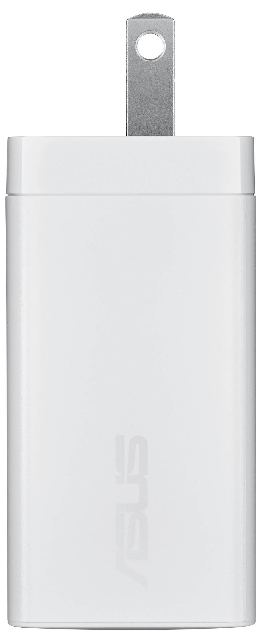 Ein weißer Asus USB-Netzteil mit einem einzelnen Metallstift zur Verbindung mit einer Steckdose wird in vertikaler Position gezeigt.