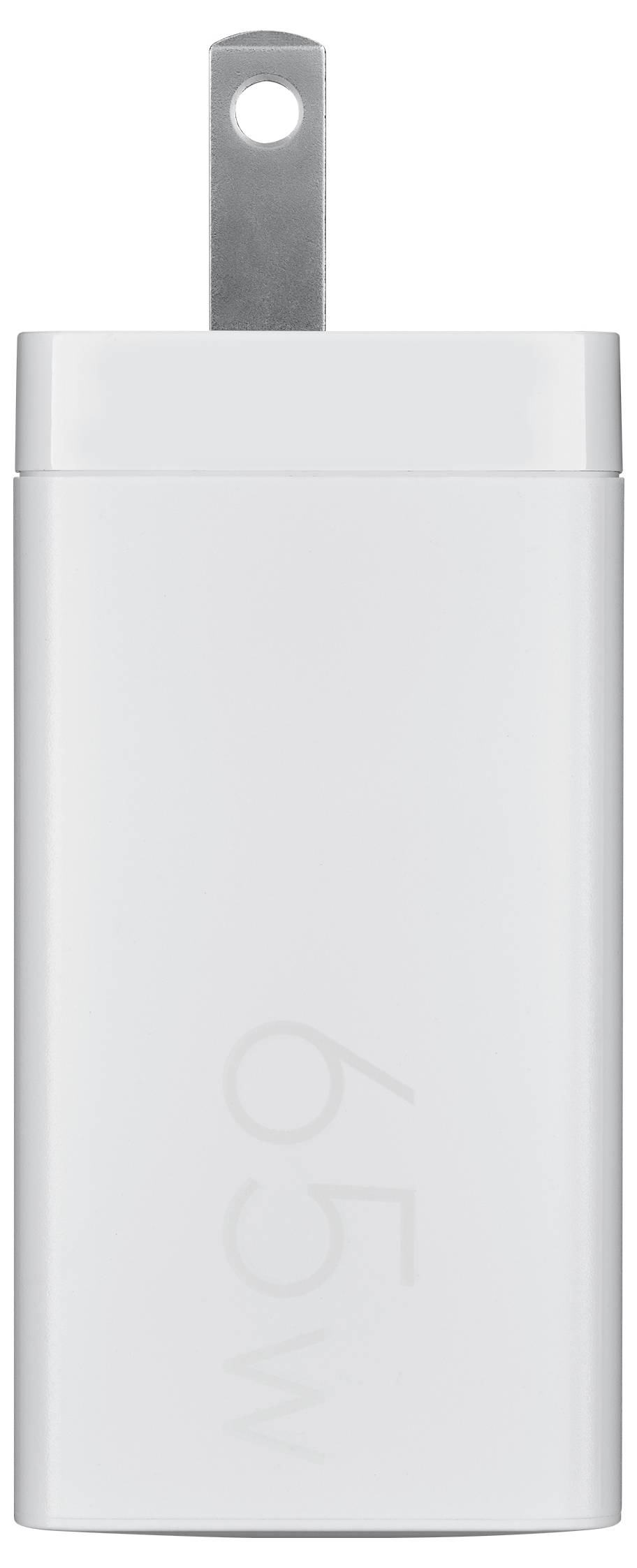 Ein weißer 65-W-Netzteil mit einem sichtbaren Stift, der für das Aufladen elektronischer Geräte konzipiert ist.