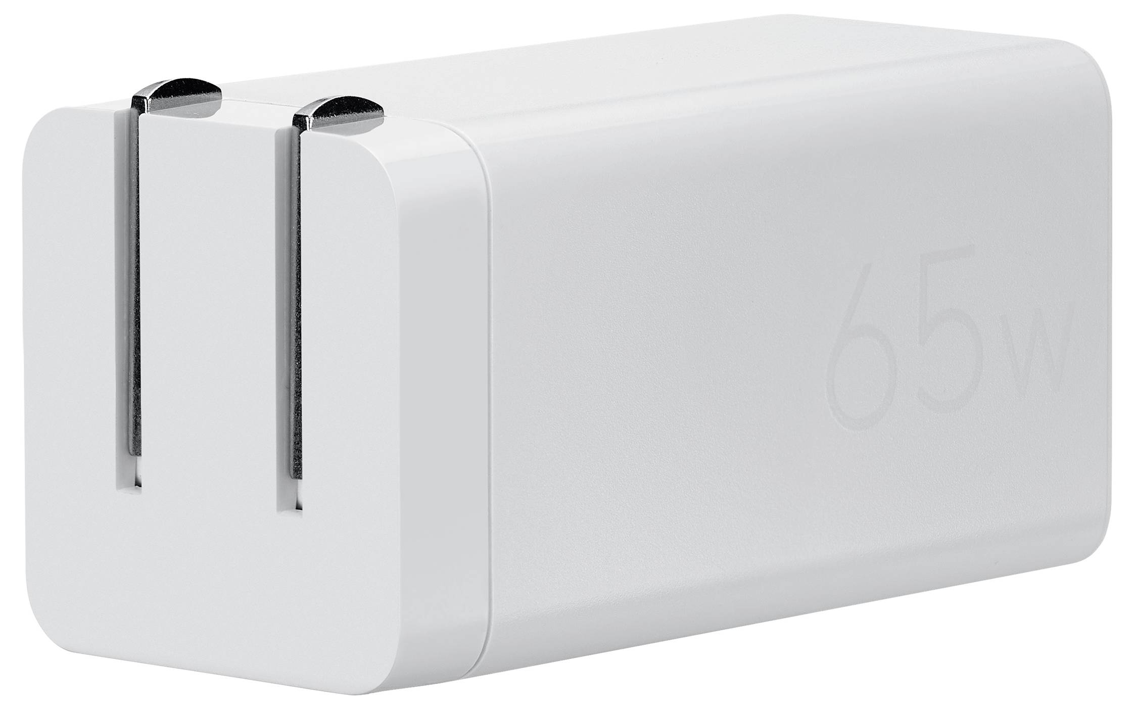 Ein weißer 65-W-Netzteil mit klappbaren Stiften wird gezeigt.