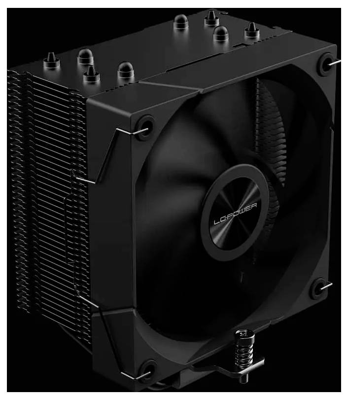 Ein schwarzer Kühlventilator mit eng zusammenliegenden Metalllamellen, wahrscheinlich für einen Computer oder ein elektronisches Gerät, wobei der Markenname in der Mitte sichtbar ist.