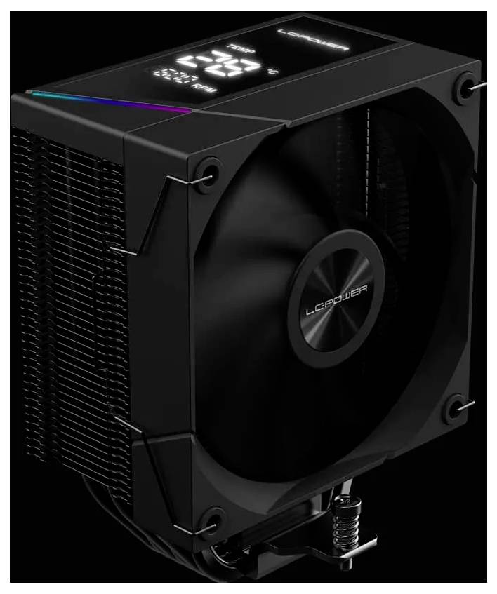 Ein schwarzer Computerlüfter mit einem rechteckigen Gehäuse, der Temperatur- und Geschwindigkeitseinstellungen auf einem digitalen Bildschirm an der Oberseite anzeigt.