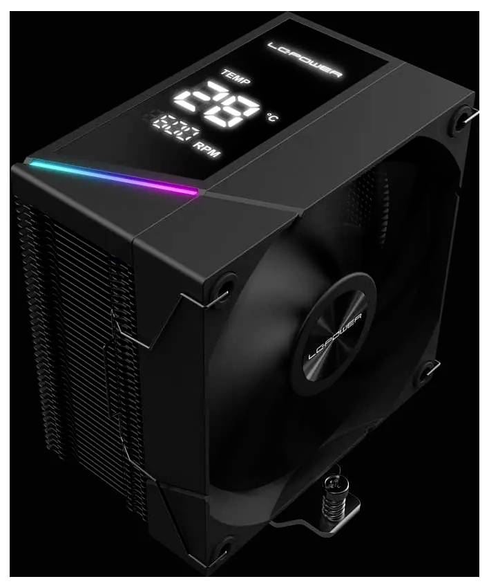 Ein schwarzer Computer-CPU-Kühler mit einer digitalen Anzeige, die 'TEMP 28°C' und eine Lüfterdrehzahl von '1234 U/min' zeigt. Er verfügt über LED-Beleuchtungsakzente.