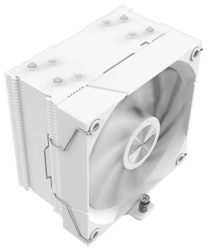 Weißer Computerlüfter mit gestapelten Kühlkörperlamellen und Rotorblättern, konzipiert für eine effektive Wärmeableitung in elektronischen Geräten.