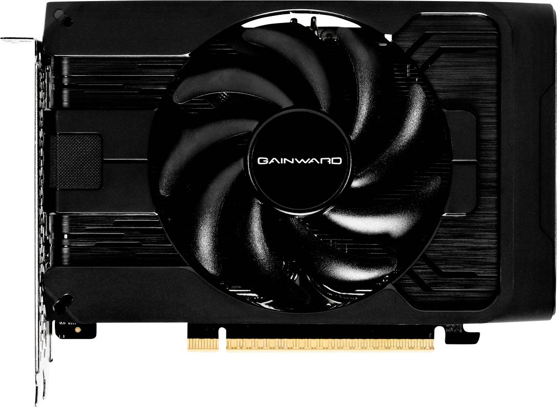 Eine schwarze Gainward Grafikkarte mit einem großen zentralen Lüfter und PCIe-Anschluss, für den Computereinsatz konzipiert, von vorne betrachtet.