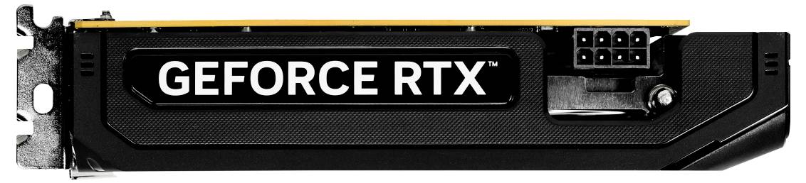 Eine Nahaufnahme einer GeForce RTX Grafikkarte, die deren Branding und Stromanschlüsse zeigt.