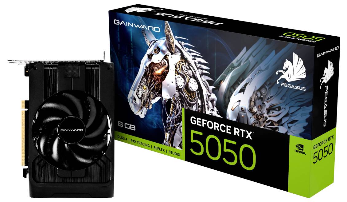 'Gainward GeForce RTX 5050' Grafikkarte mit '8 GB' Arbeitsspeicher, neben ihrer Verpackung mit einer mechanischen Pegasus-Illustration präsentiert.