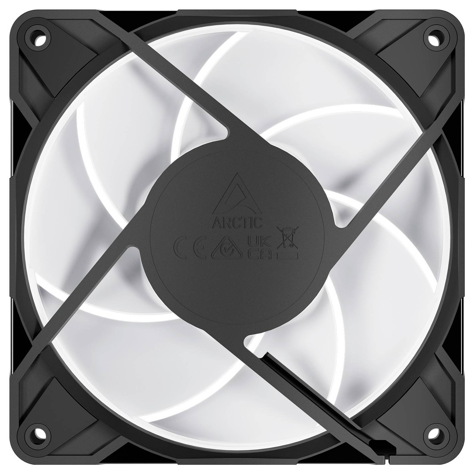Ein quadratischer Computerlüfter mit schwarzem Rahmen und weißen Lüfterblättern, der ein Arctic-Logo in der Mitte aufweist.