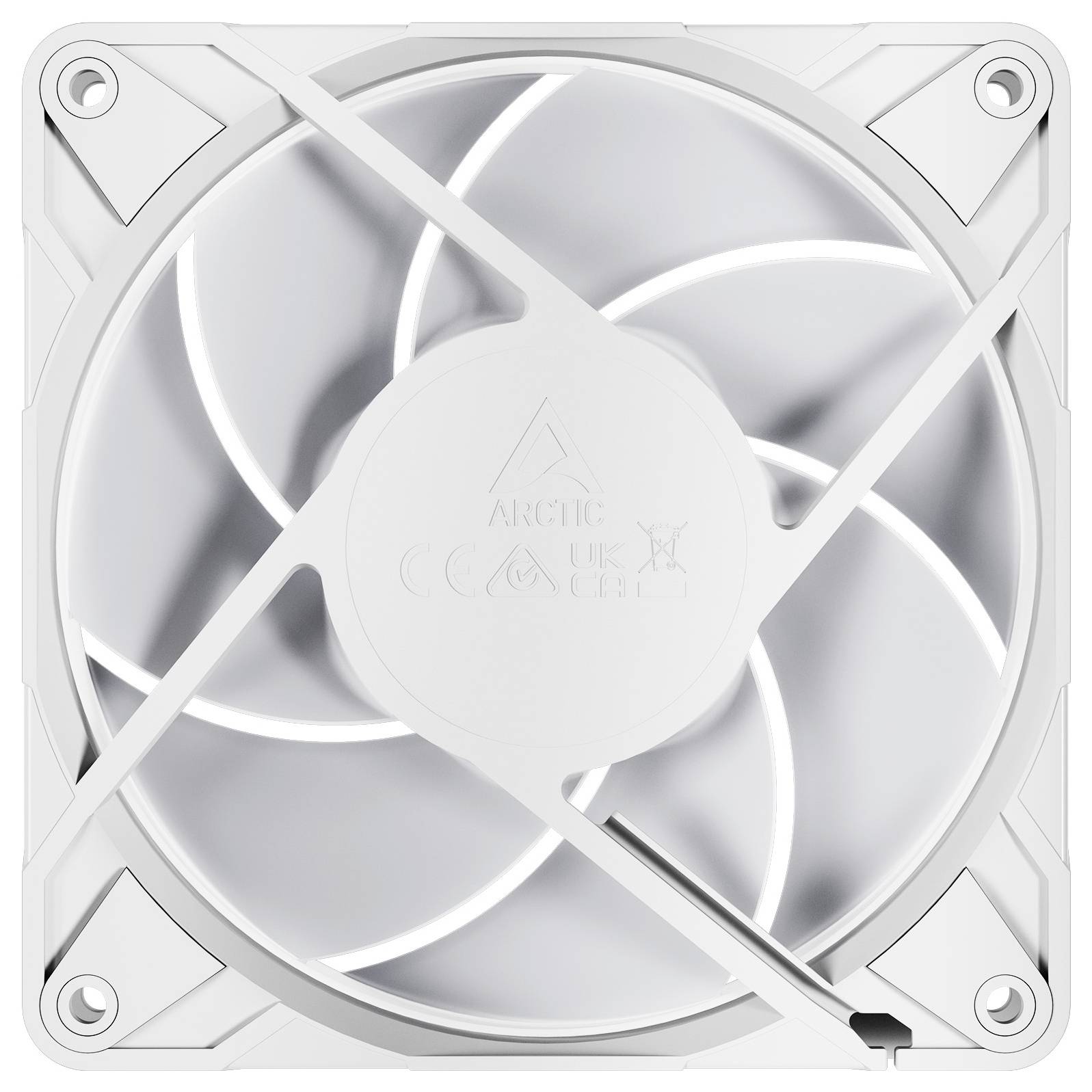 Ein weißer Computer-Kühlventilator mit einem zentralen Nabe und fünf Flügeln, die sich innerhalb eines quadratischen Rahmens befinden und diagonale Verstrebungen zur Stabilisierung aufweisen.