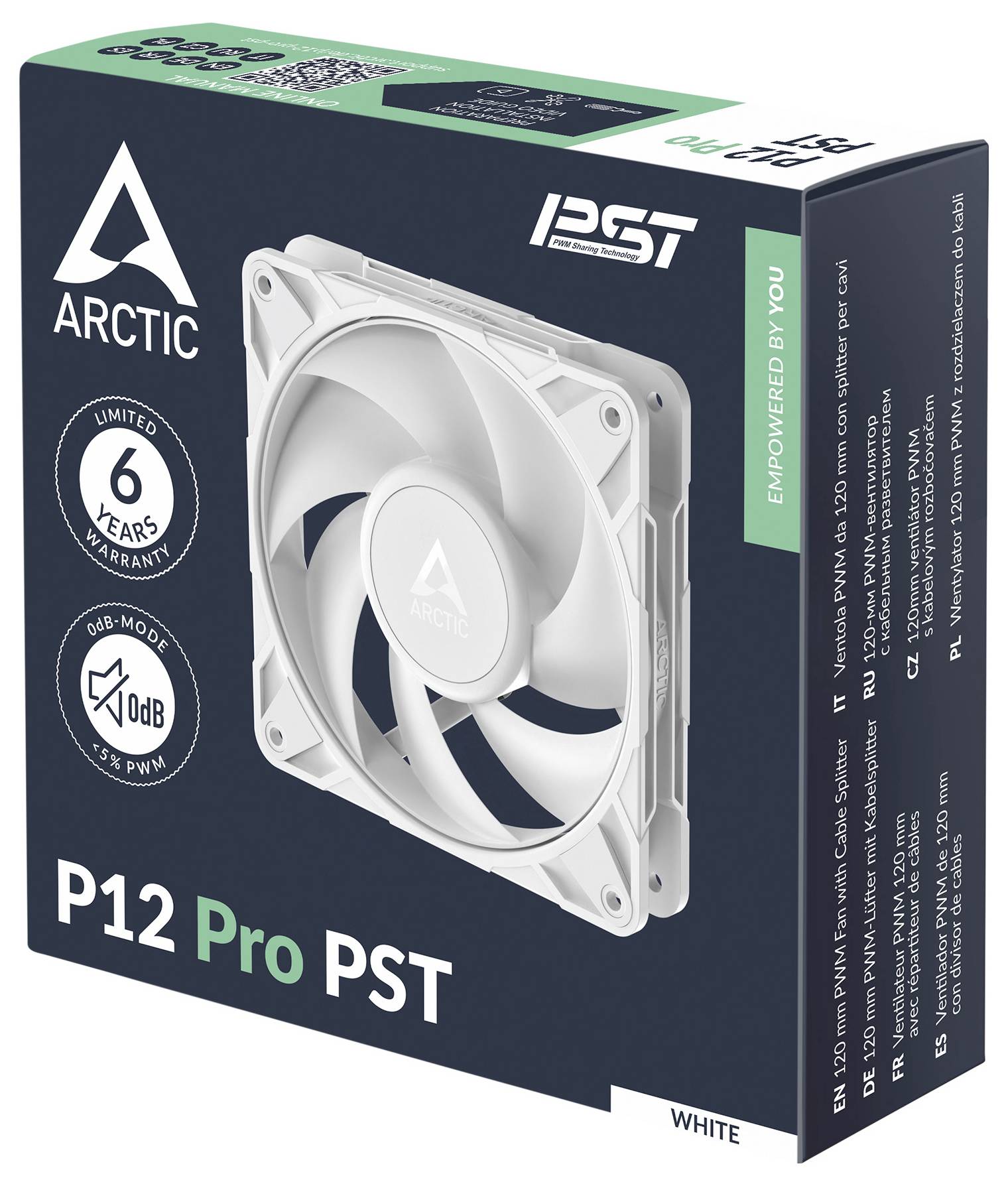 Bild einer Arctic P12 Pro PST Lüfterverpackung, die Produktdetails wie 