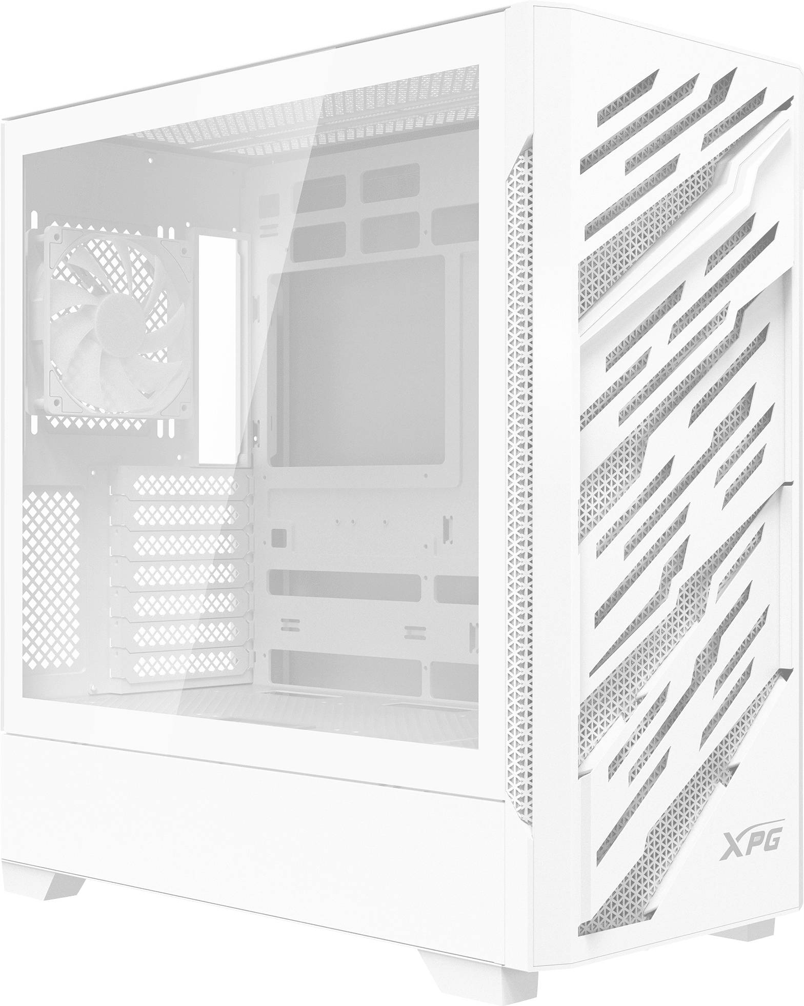 Ein weißes Computergehäuse mit Mesh-Frontblende und Seitenscheibe aus Hartglas, das Inneneinschübe für Komponenten zeigt, mit der Marke 'XPG' gekennzeichnet.