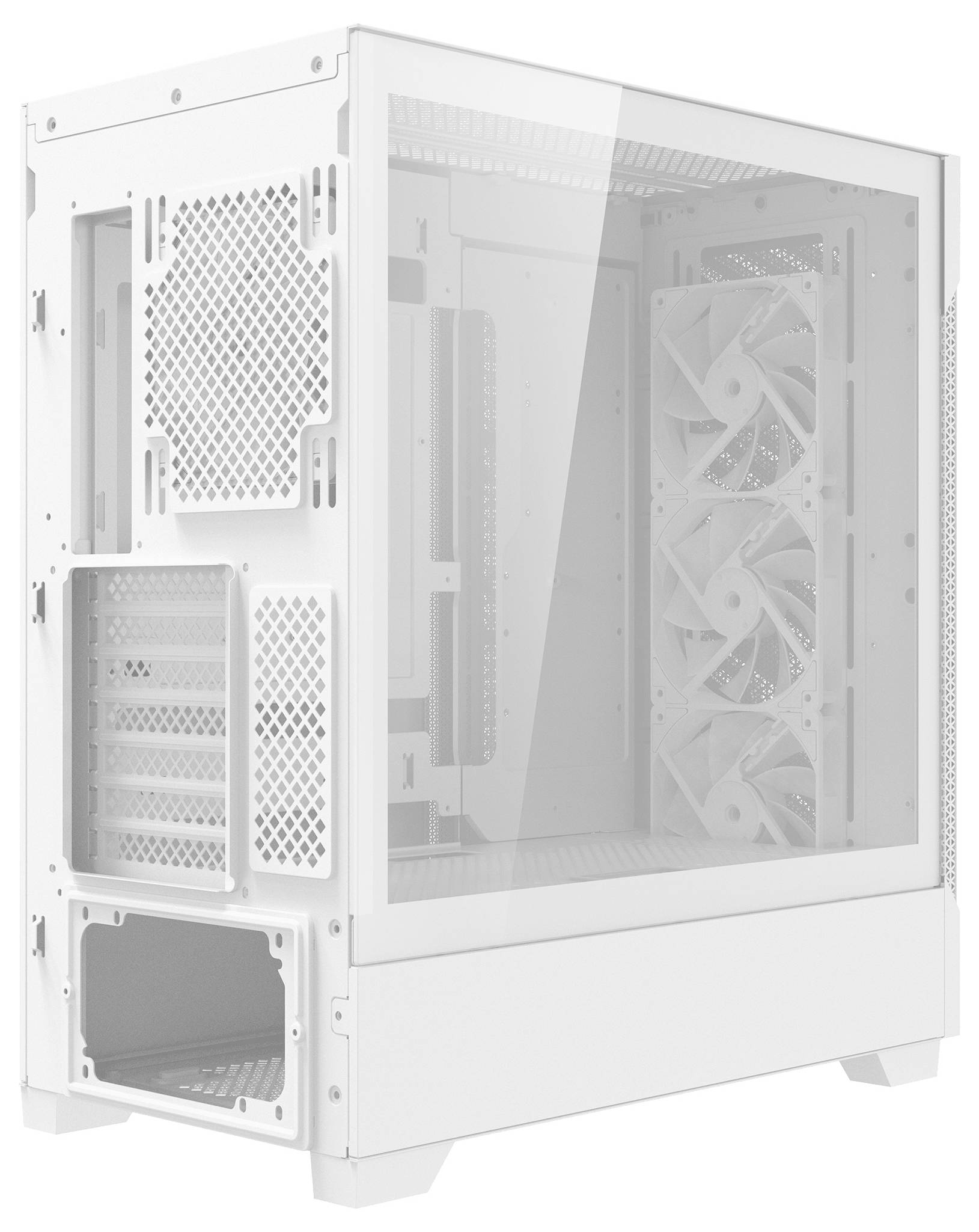 Ein weißes Computergehäuse mit einem durchsichtigen Seitenfenster zeigt mehrere Kühlventilatoren, die im Inneren installiert sind. Das Design betont Luftzirkulation und Sichtbarkeit.