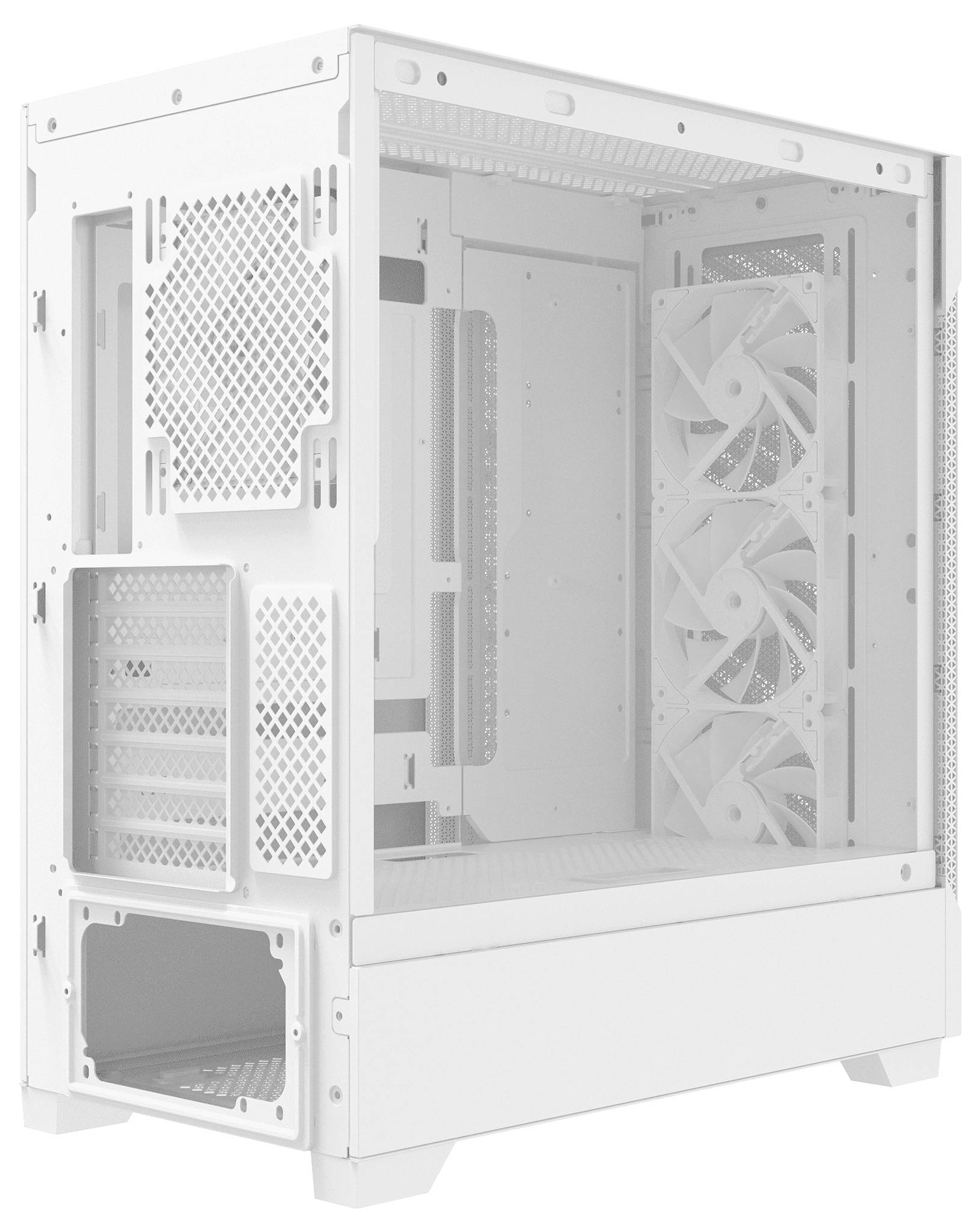 Ein weißes Computergehäuse mit einem Gitter-Seitenpanel und drei großen Kühlventilatoren, die im Inneren sichtbar sind, konzipiert für PC-Zusammenbau und Belüftung.