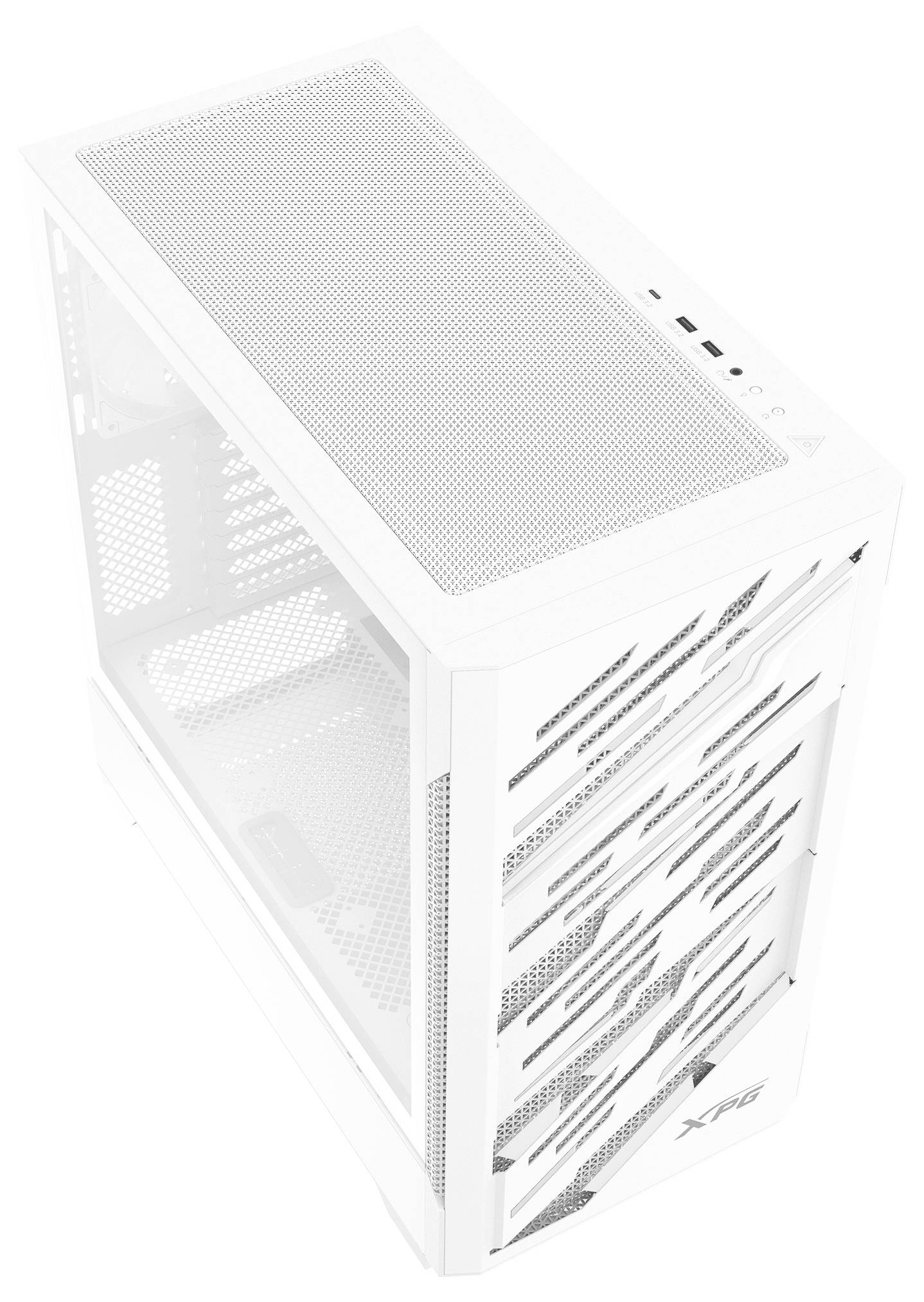 Ein weißes Computergehäuse mit einem Mesh-Deckel und einer Frontblende, die ein schwarzes Muster aufweist. Die Marke 'XPG' ist am unteren vorderen Bereich sichtbar.