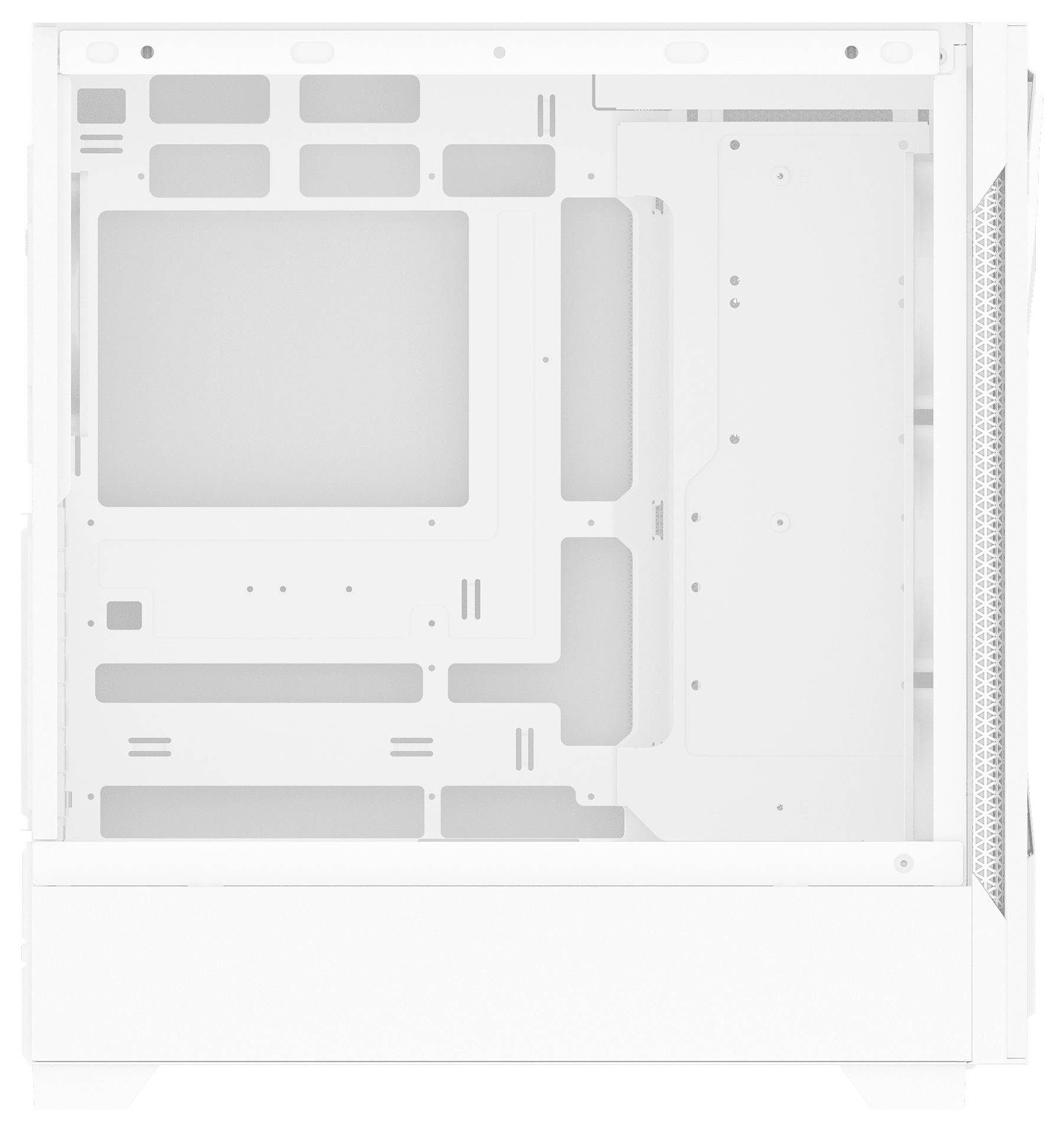 Ein weißes, offenes Computergehäuse mit sichtbaren Schlitzen und Fächern, das für die Installation von Innenkomponenten ausgelegt ist, von der Seite betrachtet.
