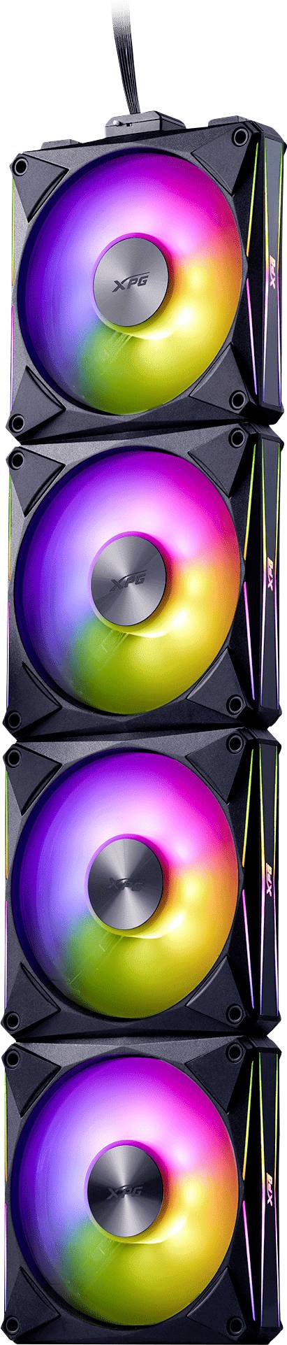 Ein vertikaler Stapel von vier schwarzen, quadratischen Computerlüftern mit mehrfarbigen LED-Lichtern, die leuchten und oben miteinander verbunden sind.