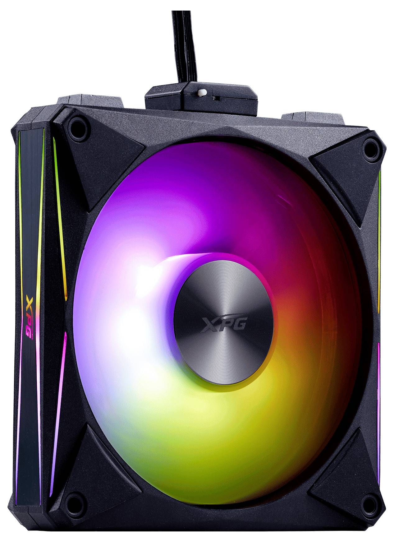 Ein Computerlüfter mit einem zentralen Nabe, auf der 