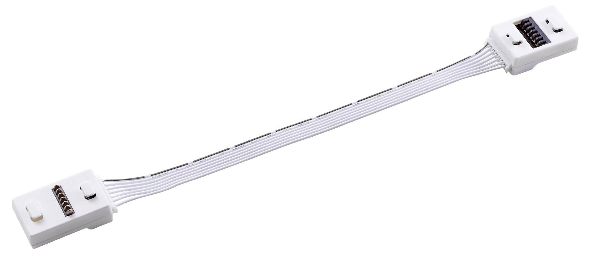 Ein weißer LED-Streifen-Verbinder mit zwei Anschlüssen an jedem Ende, verbunden durch flache, bandförmige Kabel, der zum Verbinden von LED-Lichtstreifen verwendet wird.