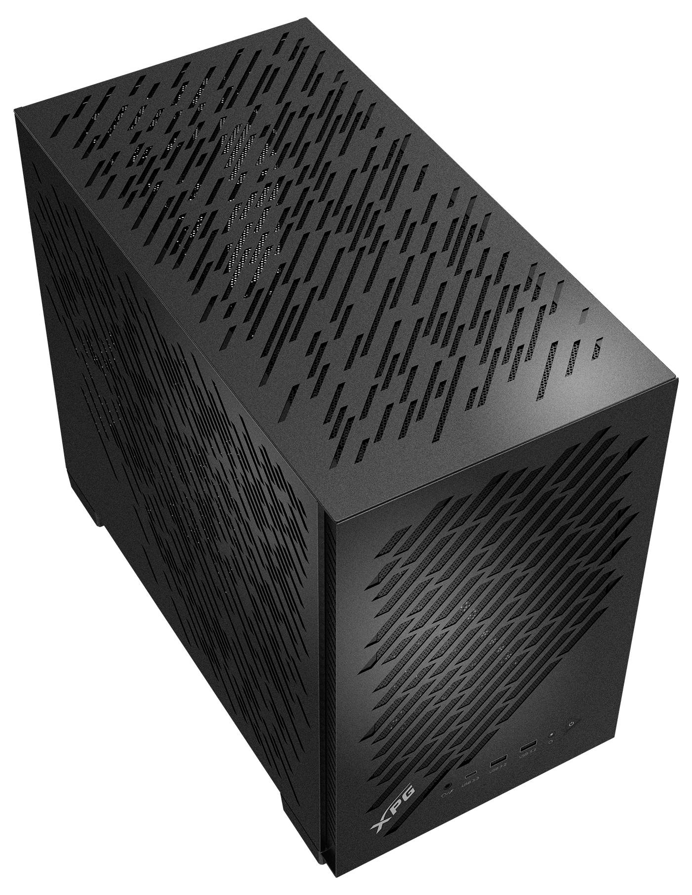 Ein schlankes schwarzes Computergehäuse mit einem modernen, geometrischen Lüftungsdesign auf den Oberseiten- und Frontpanels, das das Logo 'XPG' trägt.