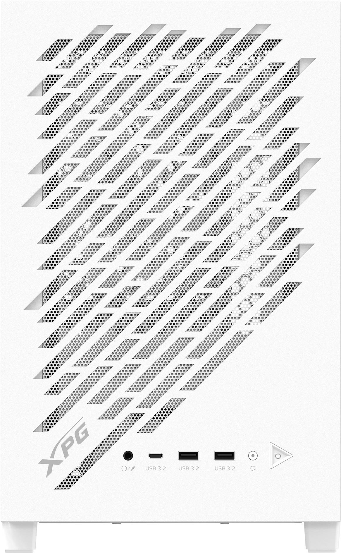 Weißes Computer-Gehäuse-Frontpanel mit diagonalem Meshgewebe-Muster, das das 'XPG'-Logo in der unteren linken Ecke trägt und USB- sowie Stromanschlüsse enthält.