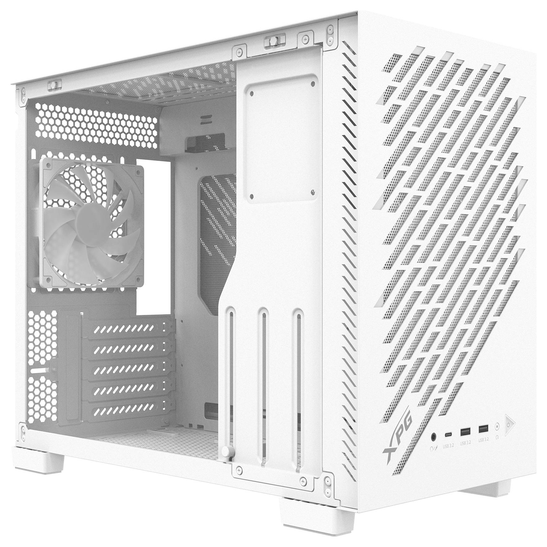 Ein weißes XPG-Computergehäuse mit seitlichen Lüftungsschlitzen, hinterer Kühlventilator und vorderen Anschlüssen für USB und Audio.