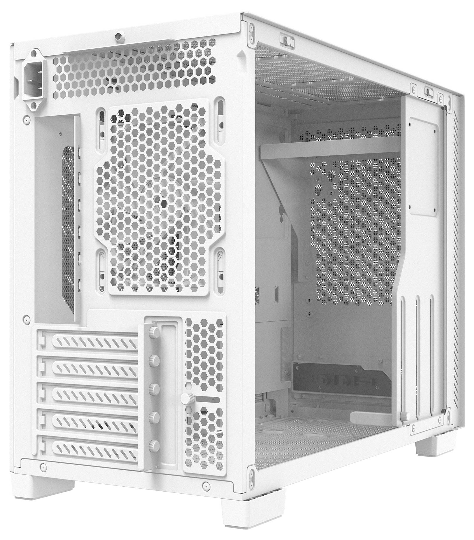 Weißes, offenes PC-Gehäuse mit Rahmendesign, ausgestattet mit zahlreichen Belüftungslöchern und Erweiterungssteckplätzen, ideal für individuelle Computeraufbauten.