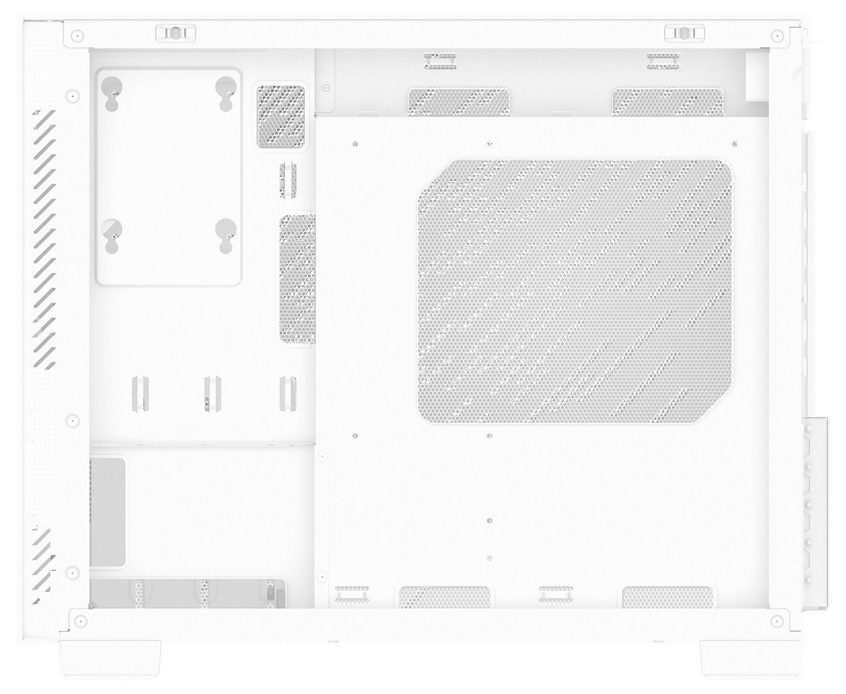 Das Innere eines weißen Computertowers, der Aufnahmepunkte für das Mainboard, Lüfterschlitze und Kabelmanagement-Bereiche zeigt.