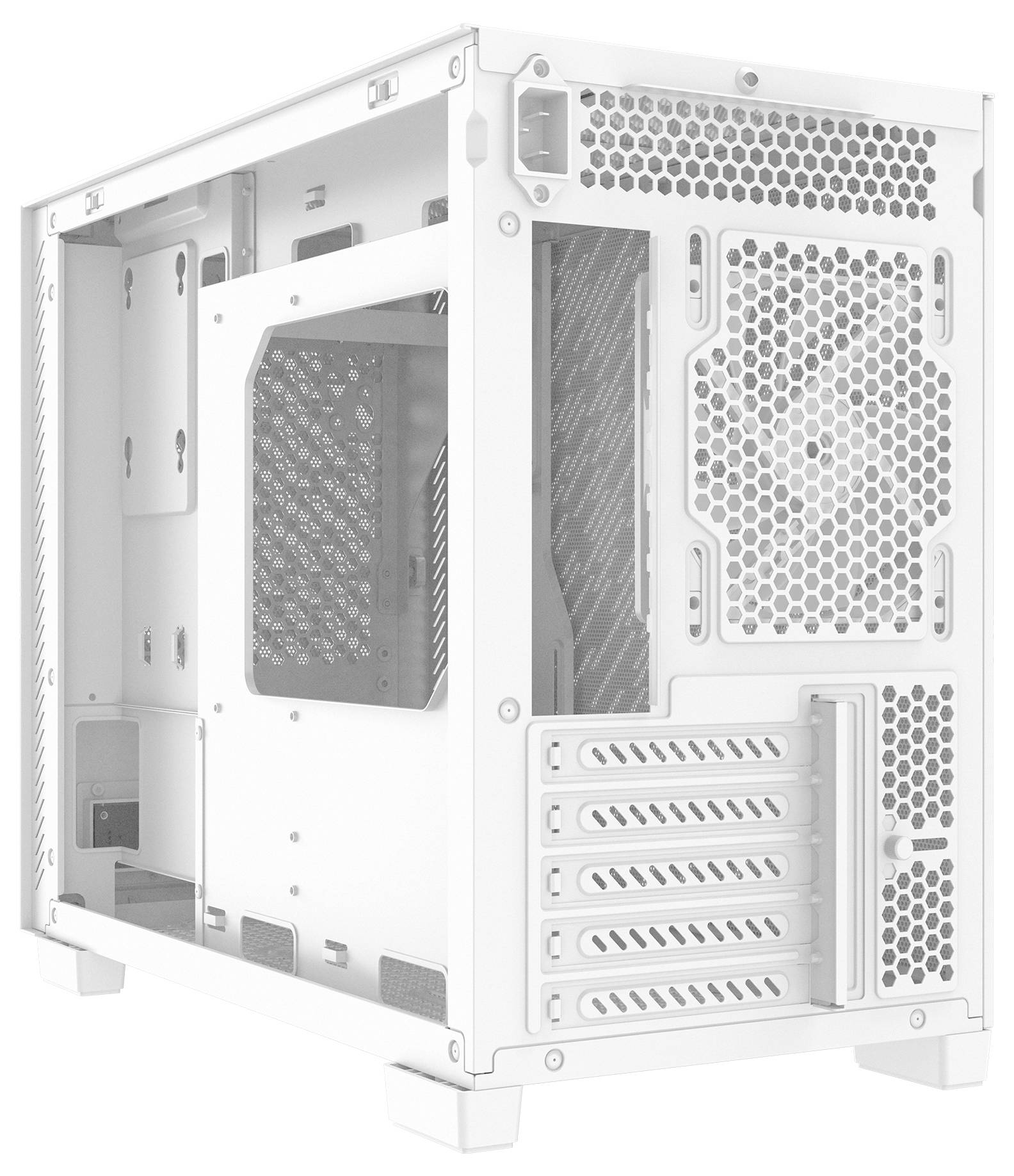 Weißes Computergehäuse mit Mesh-Panels zur Belüftung, ausgestattet mit mehreren Erweiterungsslots und modularer Innenarchitektur für anpassbare Konfigurationen.