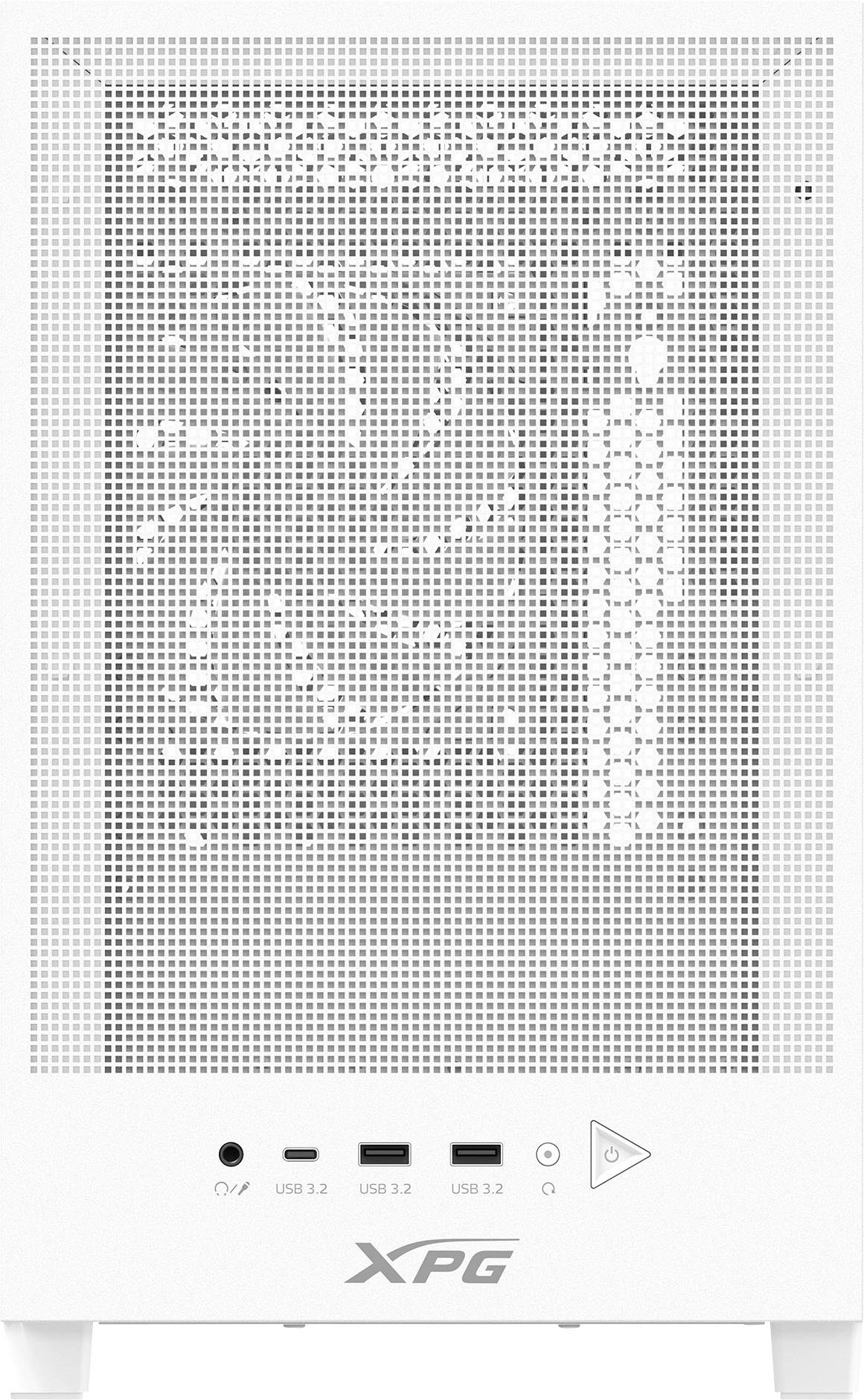 Ein weißes Computergehäuse mit Mesh-Frontblende und Anschlüssen, einschließlich Einschaltknopf, 3 USB-Ports und Audioeingang am unteren Rand, mit der Aufschrift 