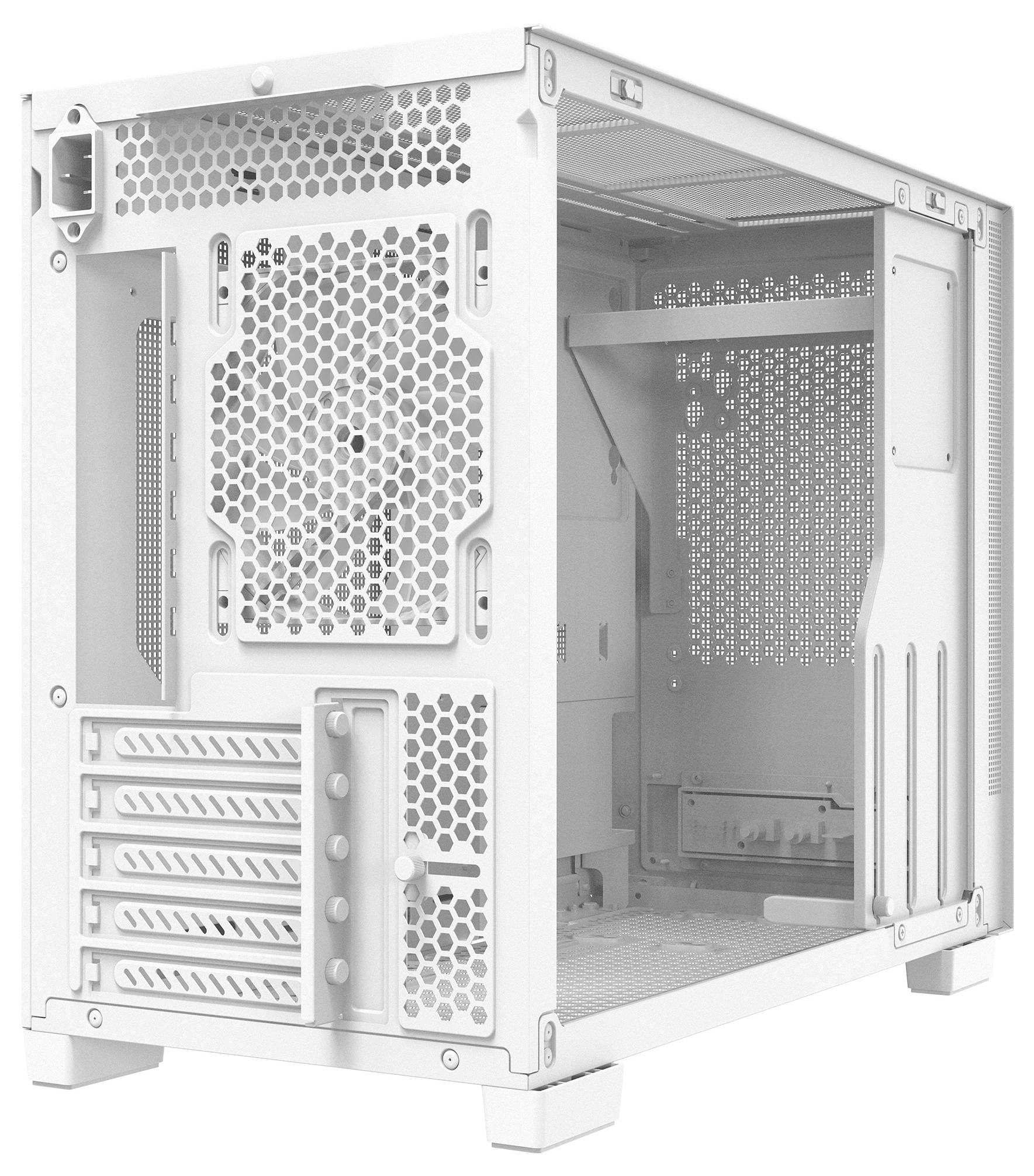 Ein weißes Computergehäuse, von hinten und der Seite betrachtet, mit einem leeren Innenraum, in dem Regale und Belüftungspaneele sichtbar sind.