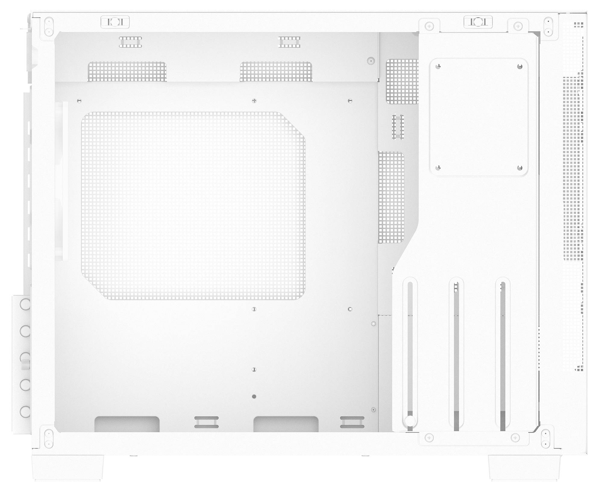 Leere Innenansicht eines weißen Computergehäuses mit montierten Steckplätzen für Komponenten und Lüftungsgittern.