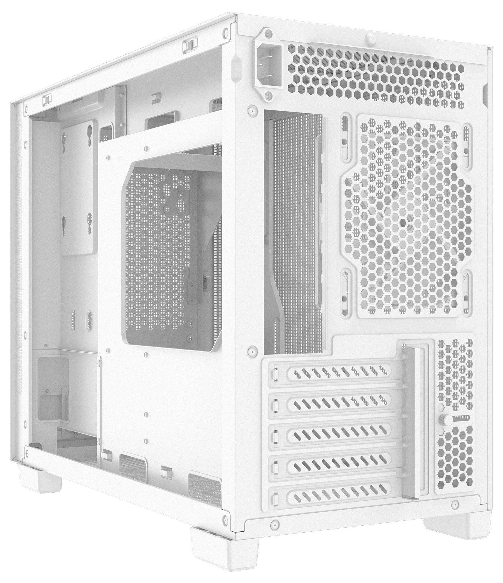 Ein weißes Computergehäuse mit mehreren Kühlungsöffnungen und Steckplätzen für Komponenten, das das Innenleben und das Potenzial für Hardware-Anpassungen präsentiert.