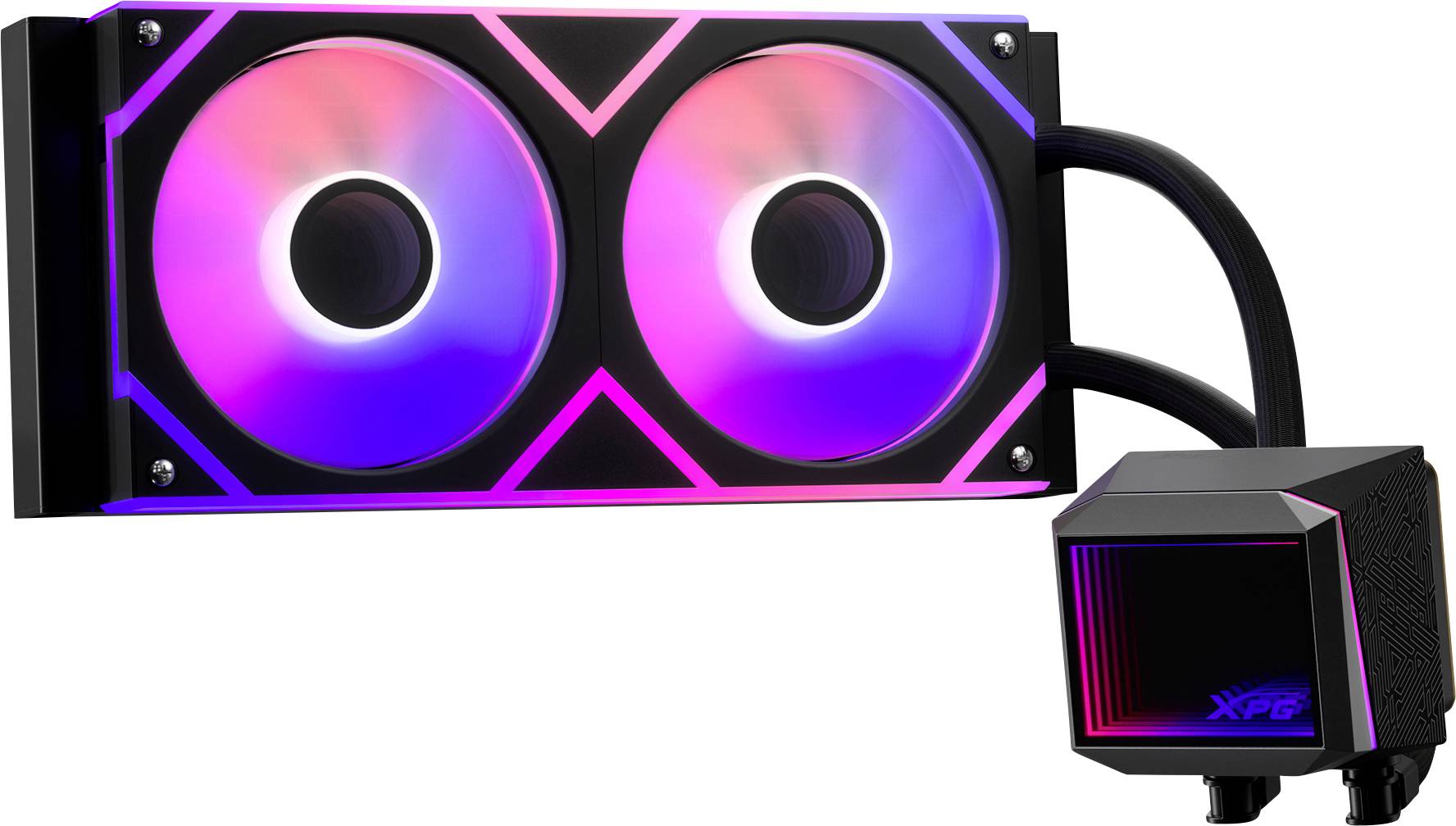 Ein Flüssigkühler für CPUs mit zwei Lüftern, RGB-Beleuchtung und der Markenbezeichnung 'XPG' auf der Pumpe, entwickelt für die Computerkühlung und effiziente Wärmeableitung.