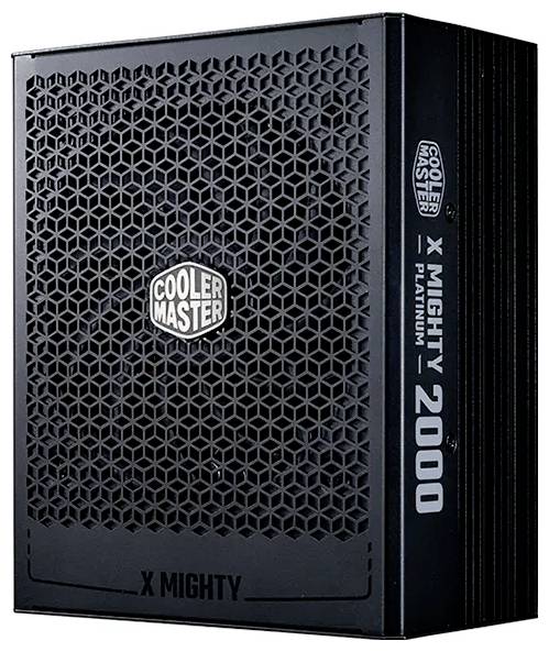 Cooler Master Netzteil mit der Bezeichnung 'X Mighty 2000 Platinum'; ausgestattet mit einem sechseckigen Lüftungsdesign und dem Cooler Master Logo an der Seite.