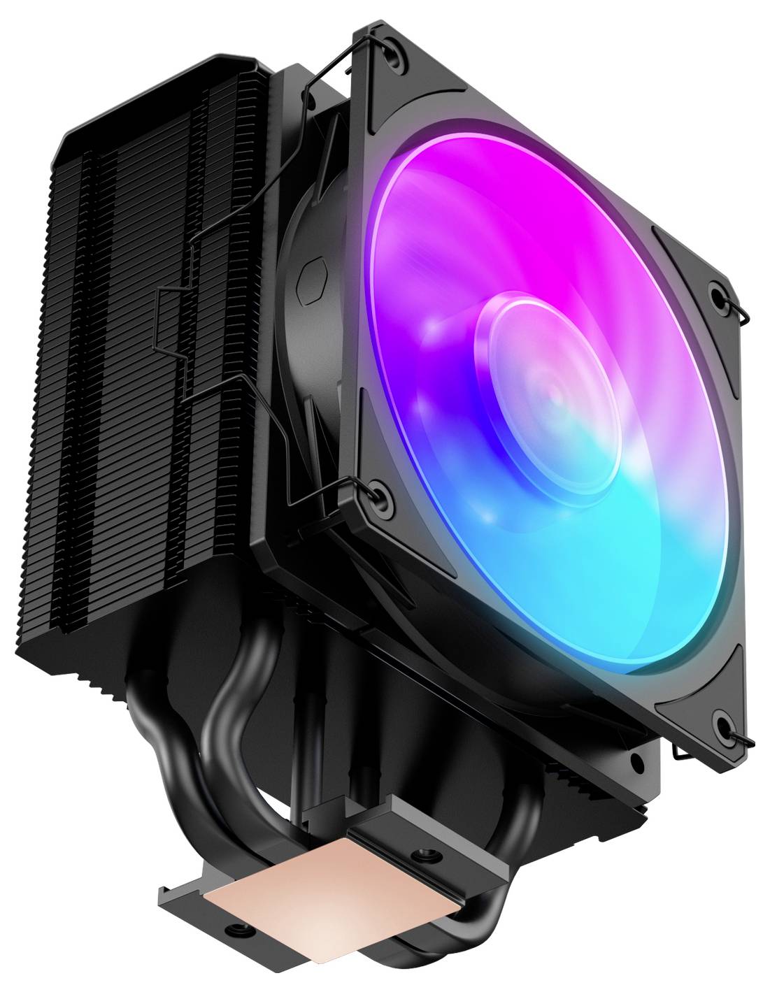 Ein Computer-CPU-Kühler mit einem großen Kühlkörper und einem Lüfter, der mit bunten RGB-Lichtern leuchtet und zur effizienten thermischen Verwaltung verwendet wird.