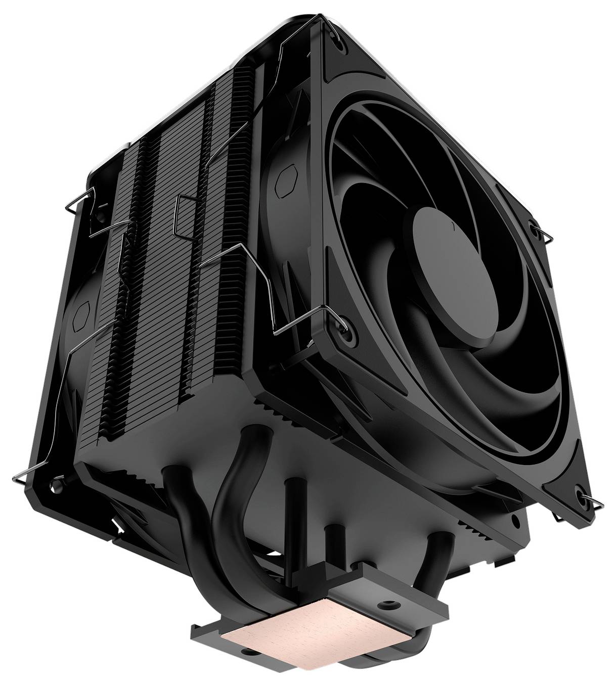 Ein schwarzer Computer-CPU-Kühler mit Kühlkörper und Lüfter, entwickelt für Wärmemanagement in Desktop-Computern.