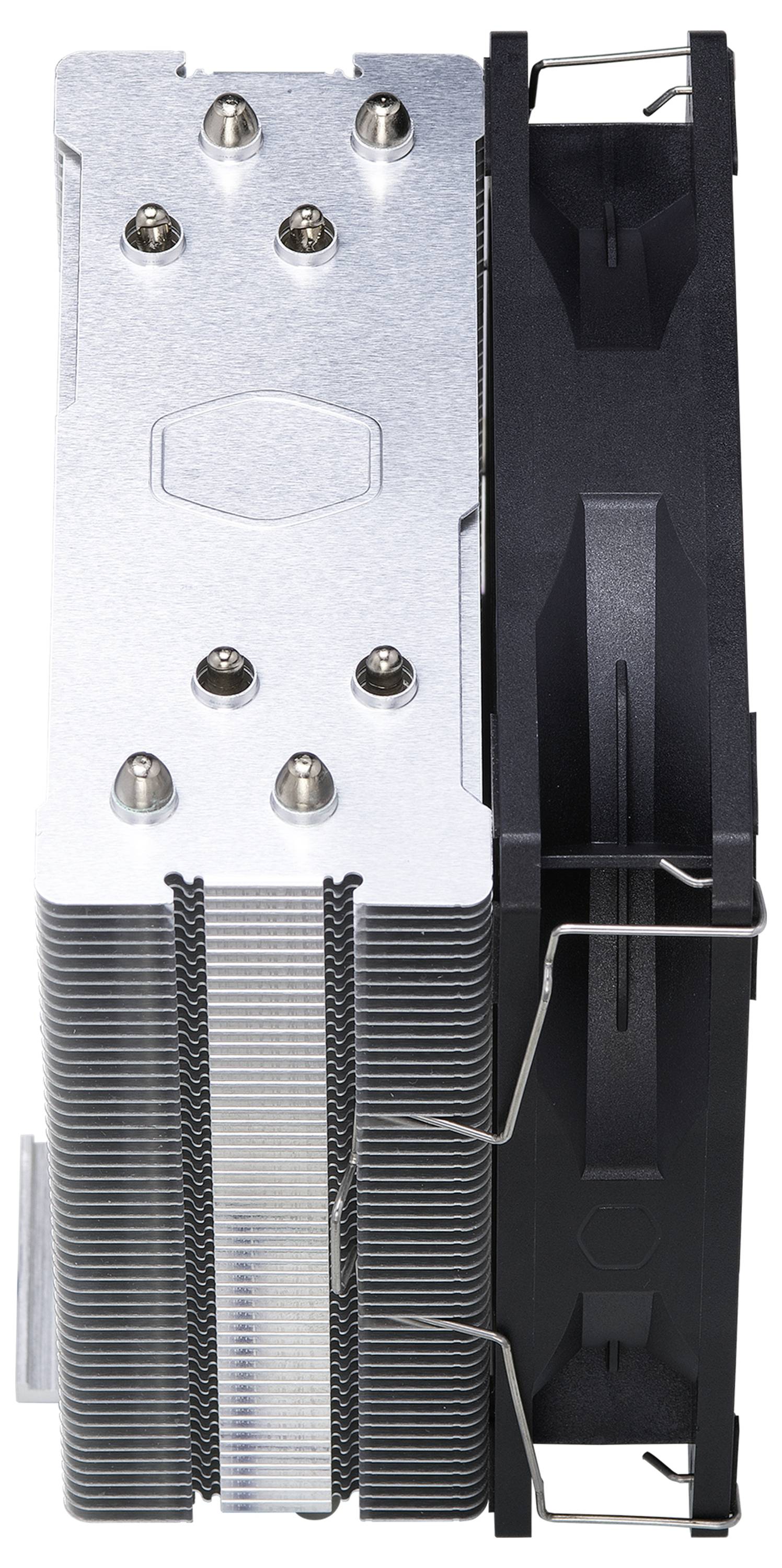 Ein CPU-Kühler mit einem metallischen Kühlkörper und einem schwarzen Lüfter, ausgestattet mit Heatpipes auf der Oberseite, entwickelt für eine effiziente Computerkühlung.