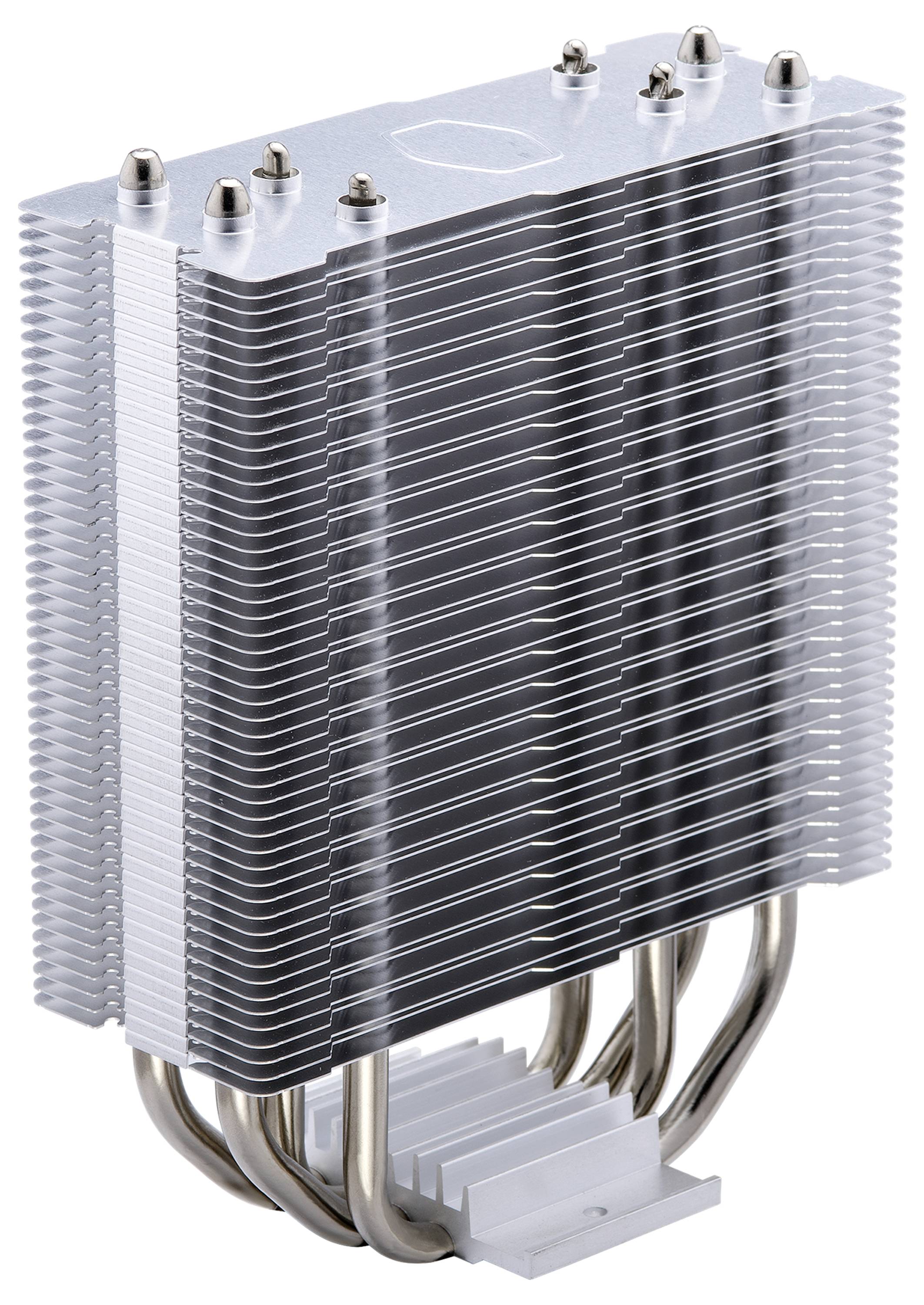 Ein CPU-Kühlkörper mit mehreren Metalllamellen und Heatpipes, entwickelt zur Kühlung. Das Bild zeigt die Seitenansicht des Kühlkörpers.