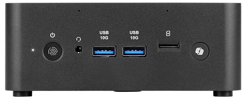 Frontseite eines schwarzen Computergeräts mit Fingerabdruckscanner, Einschaltknopf, Audioeingang, zwei USB-10G-Anschlüssen, Kartenleser und Schlossschlitz.