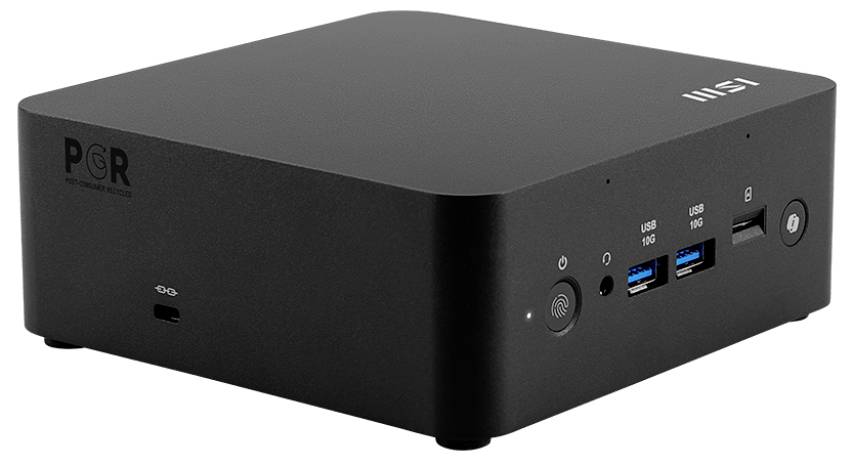 Ein schwarzer MSI Desktop-Mini-PC mit USB-Anschlüssen, einem Einschaltknopf und sichtbarem Markenlogo auf der Frontblende.