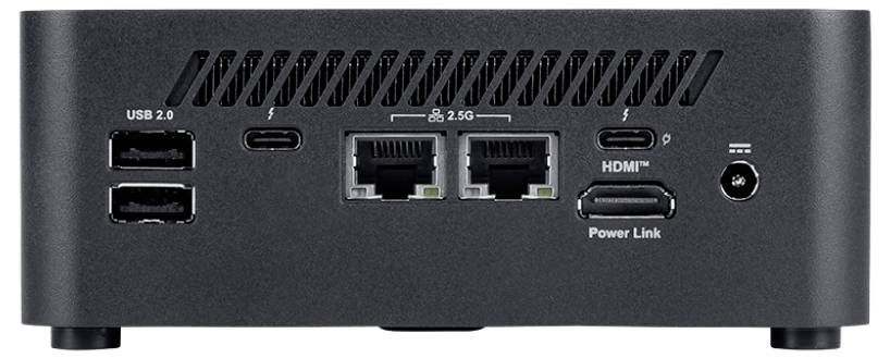 Das Bild zeigt die Rückseite eines schwarzen elektronischen Geräts mit verschiedenen Anschlüssen: zwei USB 2.0, zwei USB-C Thunderbolt, zwei Ethernet, HDMI und einen Stromverbindungsanschluss.