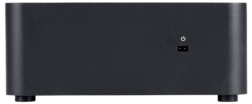 Schwarzer rechteckiger Audioverstärker mit einer Einschalttaste und einem kleinen Display auf der Frontseite.