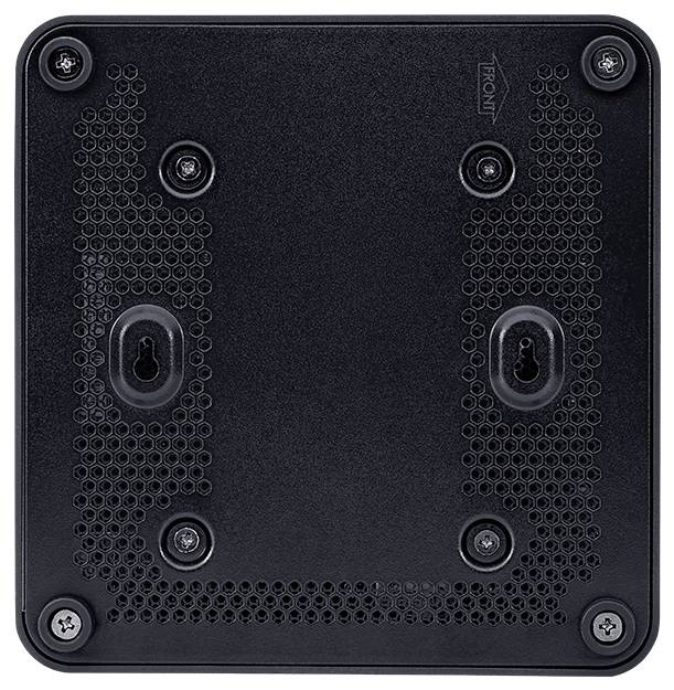 Das Bild zeigt die Unterseite eines schwarzen elektronischen Geräts mit sechs Schraubenlöchern und Lüftungsmustern, mit der Beschriftung 