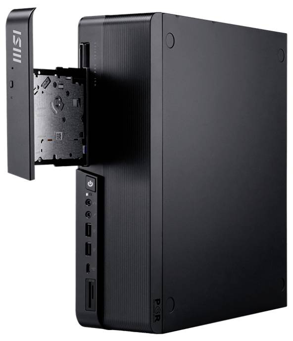 Ein schwarzes Desktop-Computergehäuse wird gezeigt, dessen seitliche Abdeckung geöffnet ist und interne Fächer offenlegt. Es verfügt über mehrere Anschlüsse und ein DVD-Laufwerk.