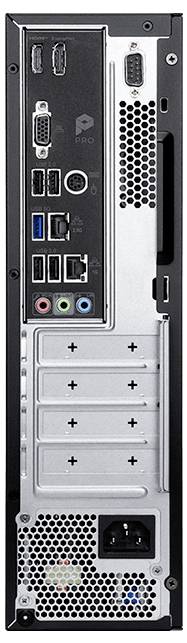 Rückansicht eines Desktop-PCs mit verschiedenen Anschlüssen wie USB, HDMI, VGA, Audioports und Netzteileingang.