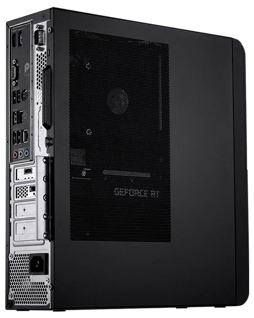 Ein schwarzer, schlanker Desktop-Computertower mit sichtbaren Anschlüssen wie USB und Audio. Das seitliche Panel besteht aus Gittermaterial und gibt Einblicke in die internen Komponenten.