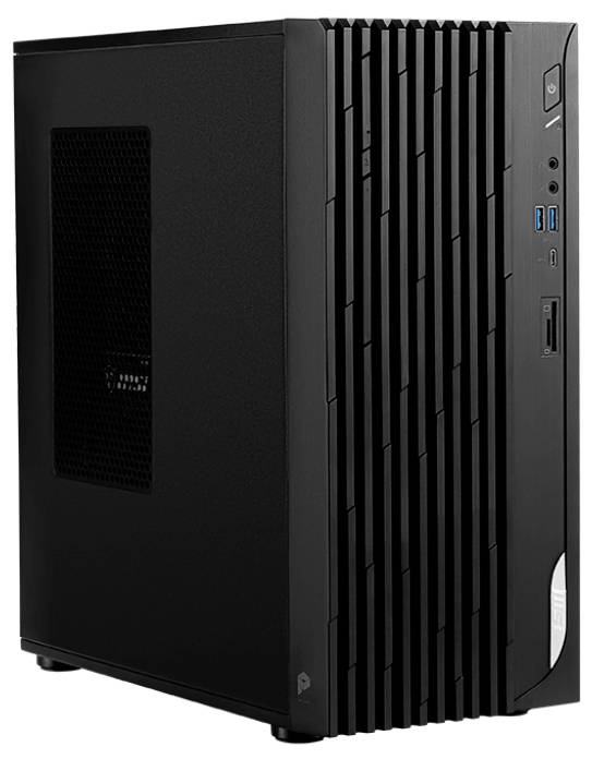 Ein schwarzer Desktop-Computer-Turm mit einer Frontplatte, die vertikale Rillen, einen Powerknopf, USB-Anschlüsse und Audioports aufweist.