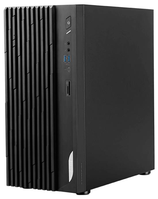 Ein schwarzer Desktop-Computerturm mit einem modernen, vertikalen gerippten Design auf der Frontplatte, ausgestattet mit mehreren USB-Anschlüssen und einem Einschaltknopf.