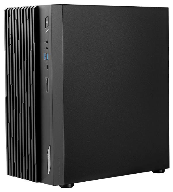 Ein schwarzer Desktop-Computerturm mit minimalistischem Design, ausgestattet mit USB-Anschlüssen und einem Einschaltknopf auf der Frontblende.